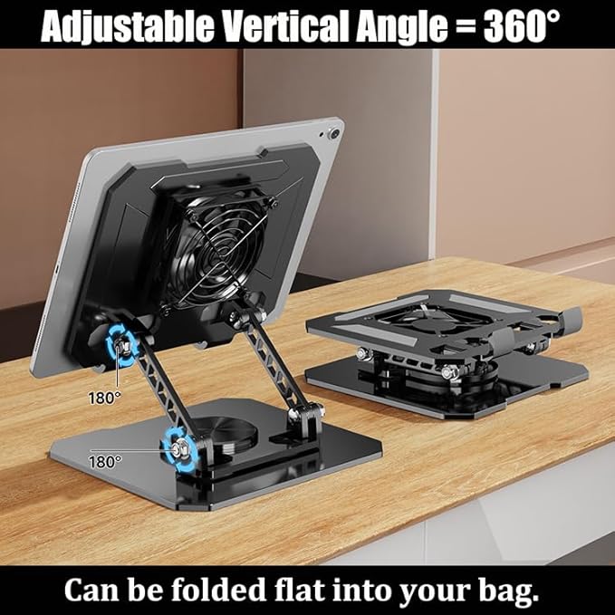 360° Rotating Tablet Desk Stand Holder with USB Cooler，Carbon Steel Frame Dual Rod Mount Support for iPad Pro 13 12 11 Air Mini 5 4 3 Samsung Tab E-Reader (Black with Built-in Cooler)