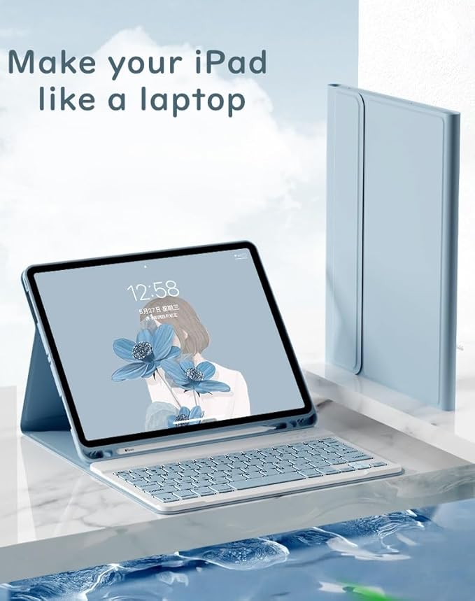 Color Keyboard for Galaxy Tab S10 FE / S9 FE 10.9", Tab S9/S8/S7 11" Case with Cute Detachable Bluetooth Keyboard Lightweight Folio Cover with Pen Holder,Mist Blue