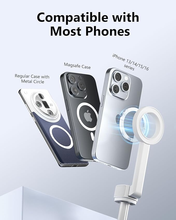 UBeesize Magnetic Tripod for iPhone with Remote, 64’’ Extendable Phone Stand for Video Recording/Vlogging, N52 Strong Holder for iPhone 12-17/Android, Portable Travel Selfie Stick Tripod(White)