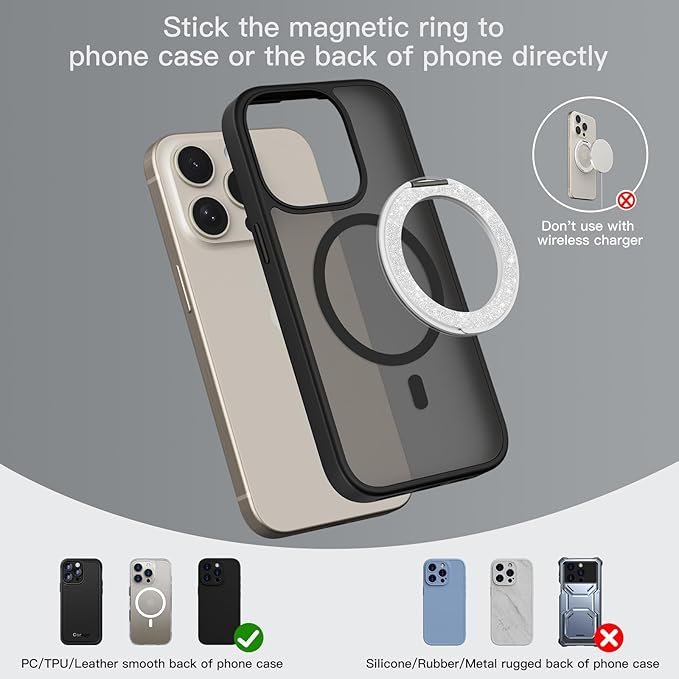 COOLQO Upgraded Magnetic Phone Ring Holder Stand, Super Magnet Cell Phone Grip Finger Kickstand Compatible with MagSafe Mag Safe Accessory for iPhone All Smartphones (1-Glitter Silver)