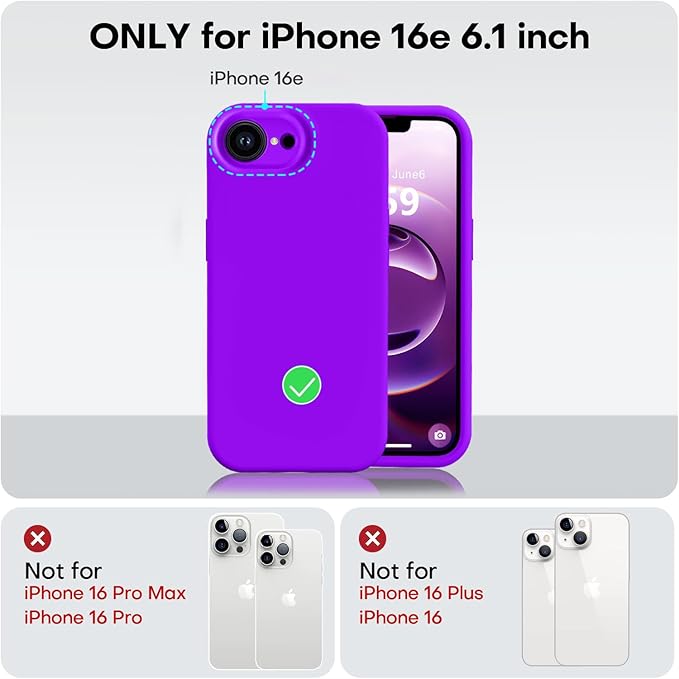 Vooii Compatible with iPhone 16e Case, Liquid Silicone Upgrade [Camera Protection] [Soft Anti-Scratch Microfiber Lining] Shockproof Phone Case for iPhone 16e 6.1 inch - Neon Purple