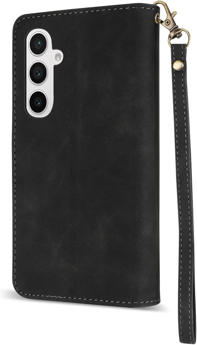 ZZXX for Samsung Galaxy S24 FE Wallet Case with RFID Blocking Card Slot PU Leather Zipper Flip Folio with Strap Kickstand Protective Cover for Samsung Galaxy S24 FE Case Wallet(Black-6.7 inch)