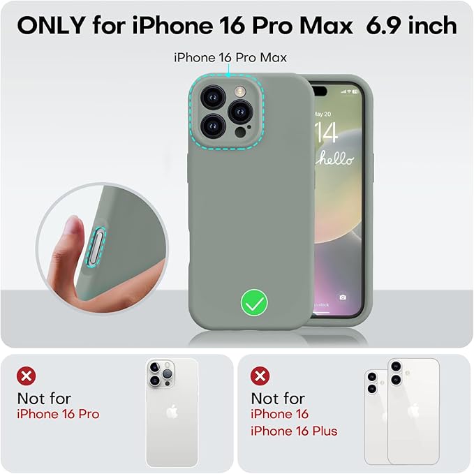Vooii Compatible with iPhone 16 Pro Max Case, Liquid Silicone Upgrade [Camera Protection] [Soft Anti-Scratch Microfiber Lining] Shockproof Phone Case for iPhone 16 Pro Max 6.9 inch - Calke Green