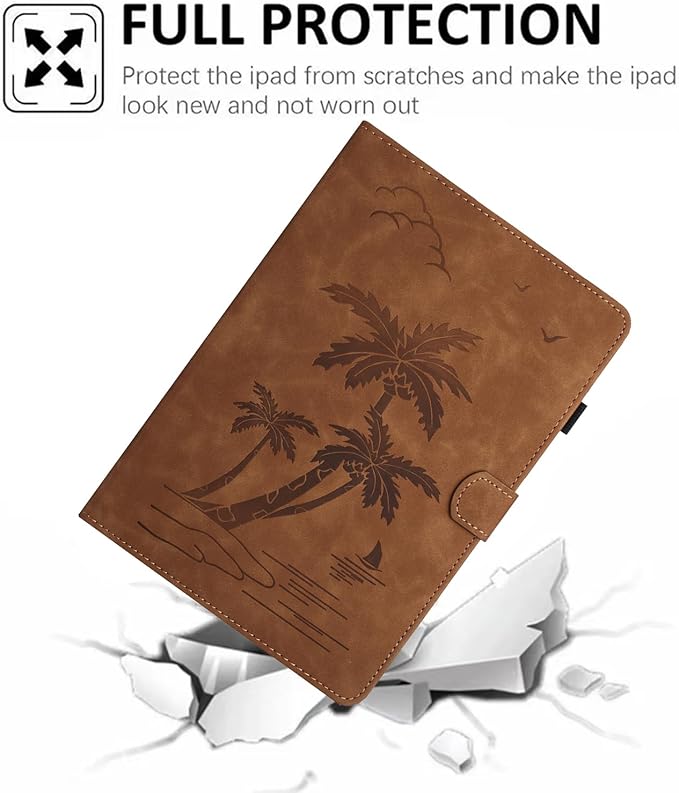 Case for Samsung Galaxy Tab A9 Plus 11 Inch 2023 2024 SM-X210/X216/X218, PU Suede Leather Stand,Coconut Tree Embossed Cover for Galaxy Tab A9+/A9 Plus, with Card Holder & Auto Sleep/Wake,Brown