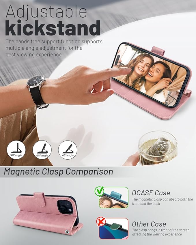 OCASE Compatible with iPhone 15 Wallet Case, PU Leather Flip Folio Case with Card Holders RFID Blocking Kickstand [Shockproof TPU Inner Shell] Phone Cover 6.1 Inch 2023, Pink