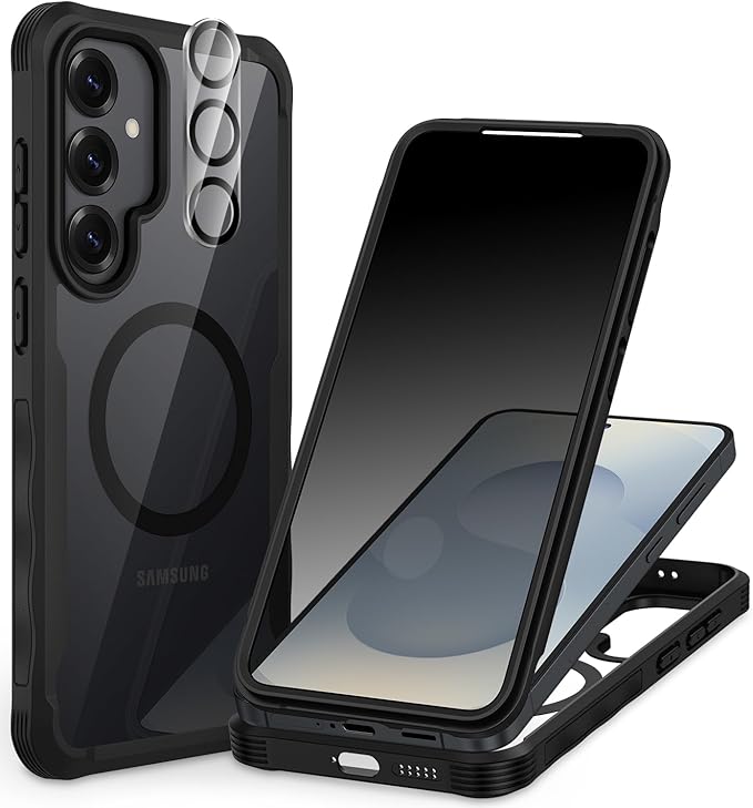 CENHUFO Magnetic Privacy for Samsung Galaxy S25 Case, Full Body Phone Case with Built-in 9H Tempered Glass Privacy Screen Protector and Camera Lens Cover, Shockproof Protective Clear Bumper -Black