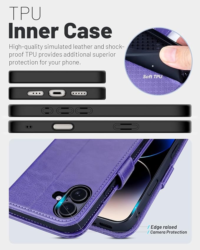OCASE Compatible with iPhone 16 Wallet Case, PU Leather Flip Folio Case with Card Holders RFID Blocking Kickstand [Shockproof TPU Inner Shell] Phone Cover 6.1 Inch 2024, Purple