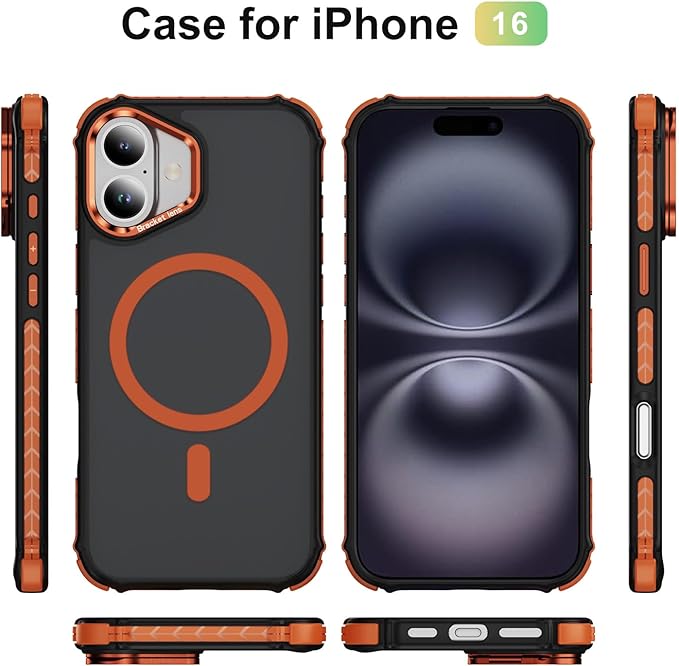 Magnetic for iPhone 16 Case Orange with MagSafe Wireless Charging Heavy Duty Military-Grade Shockproof Protection Adjustable Kickstand Slim Matte Anti-Fingerprint Cover Men Women