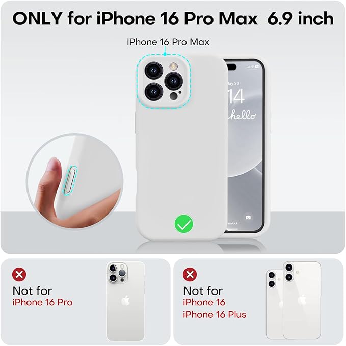 Vooii Compatible with iPhone 16 Pro Max Case, Liquid Silicone Upgrade [Camera Protection] [Soft Anti-Scratch Microfiber Lining] Shockproof Phone Case for iPhone 16 Pro Max 6.9 inch - White