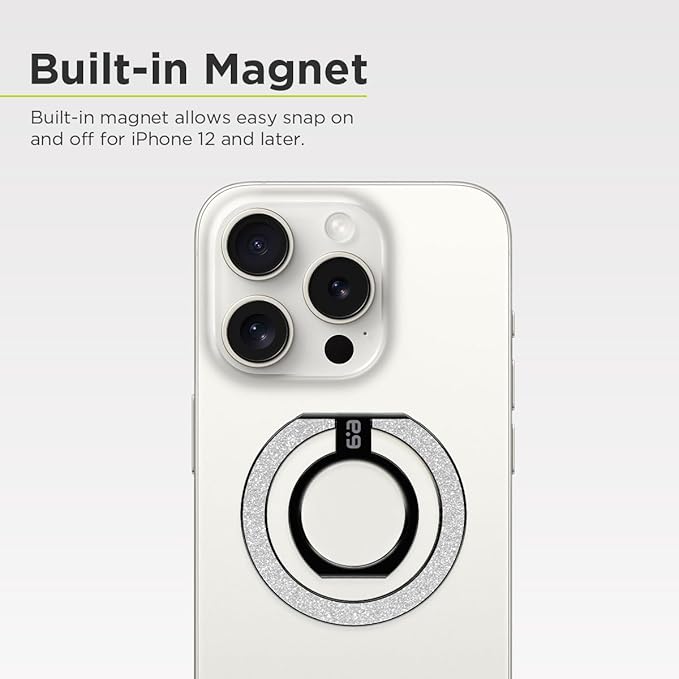 PureGear Magnetic Phone Grip Ring Stand, Magnetic Phone Ring Holder for MagSafe iPhone 16, 16Pro, 16Plus, 16ProMax, 15, 15Plus, 14, 14ProMax, 13,12, Adjustable Kickstand((Brushed Black Silver Glitter)
