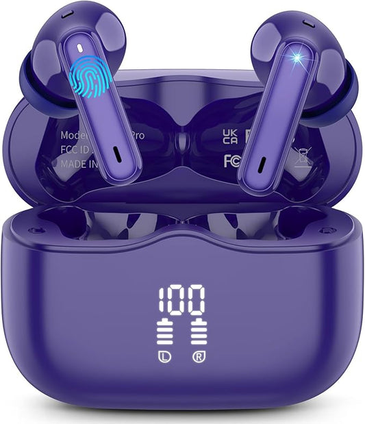 Wireless Earbuds, Bluetooth 5.4 Headphones in Ear with HiFi Stereo Deep Bass, 4 ENC Noise Cancelling Mic Wireless Earphones 40H, in-Ear Earbud Bluetooth Dual LED Display IP7 Waterproof, Pure-Blue