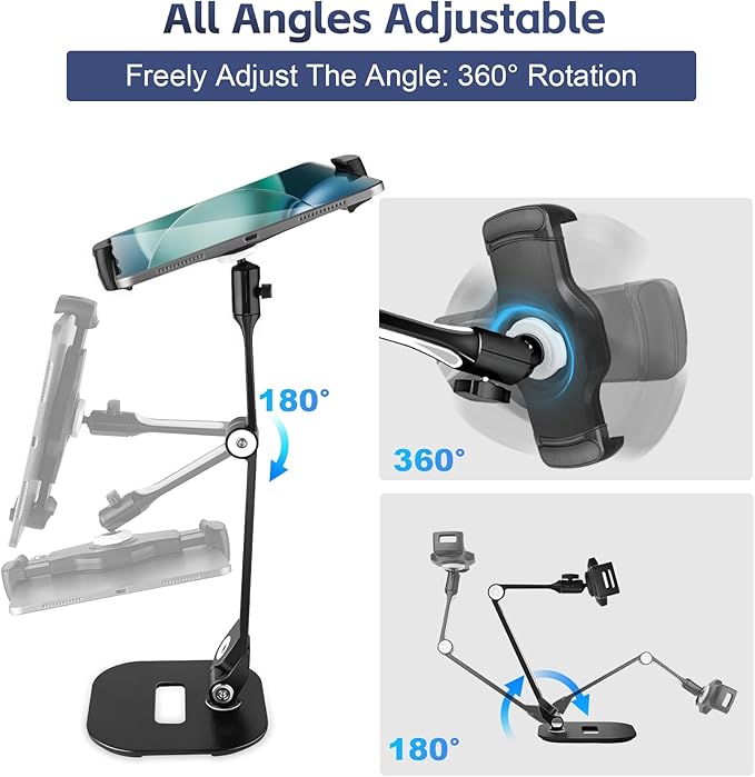 Tablet Stand Universal Holder for 4.9" - 12.9" Devices, 360° Rotating Security Stand for iPad, iPad Air, Samsung, Height Adjustable Foldable Table Top(Black)