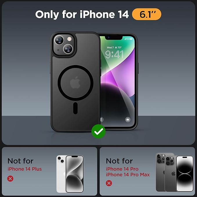 Miracase Magnetic for iPhone 14 Case 6.1 inch (Compatible with MagSafe)（with 2X Screen Protectors） Military-Grade Protection, Anti-Fingerprint Translucent Matte Phone Case Cover, Black