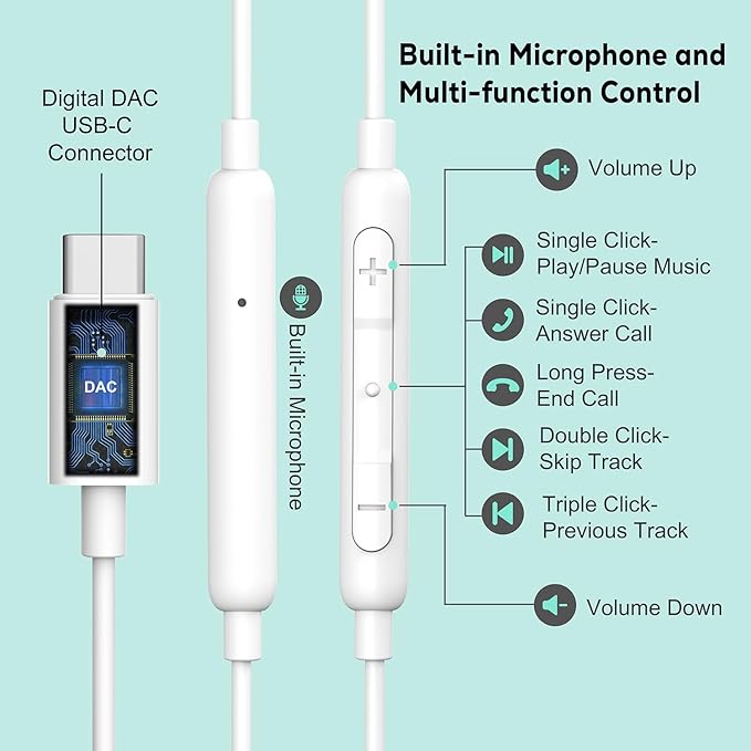 USB C Headphones for iPhone 16/15 Pro Max Wired Earbuds in-Ear Type C Built-in HD Microphone Volume Control Earphones for Samsung Z Flip 5 4 Galaxy S23 S21 A53 A54 Pixel 8 7 Pro, White