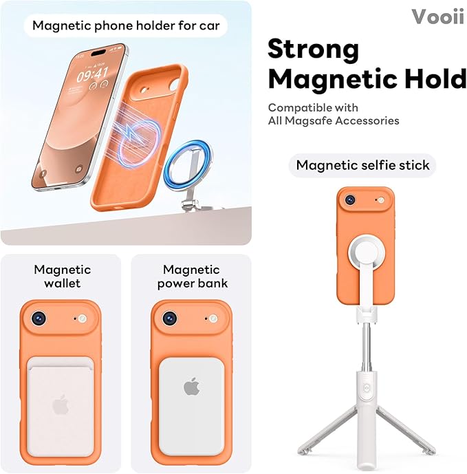 Vooii Magnetic Compatible with iPhone Air Case (Compatible with Magsafe) (Upgraded Camera Protection) Liquid Silicone Shockproof Full Body Protective Phone Cover for Women Men, Bright Orange, 6.5"