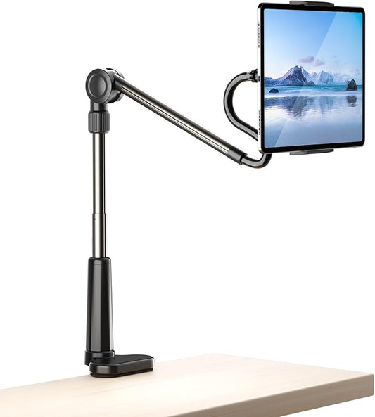 Desk Tablet Holder for iPad Pro, No Stiff Easy Adjust Arm Phone and Tablet Stand for Bed, Ereader Accessories Compatible with Kindle iPhone, iPad Pro/Mini/Air, Smartphones