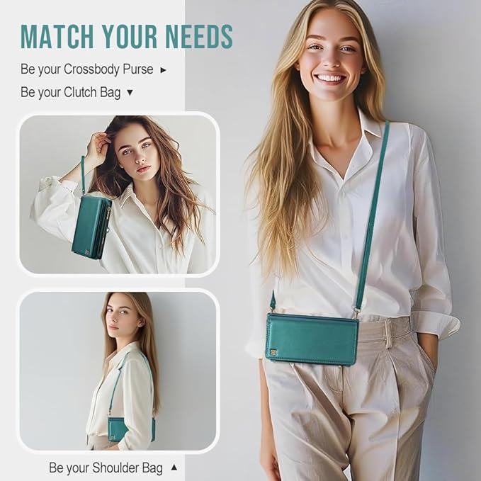 for iPhone 17 Pro Wallet Phone Case with 7 Card Holder,RFID Blocking | PU Leather | Kickstand | Flip | Wrist Strap&Shoulder Strap | Shockproof | Zipper Wallet | Women Men | 6.3" | Green