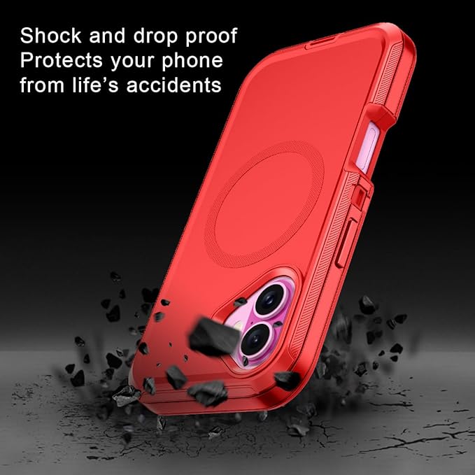 for iPhone 16 Case [Compatible with MagSafe] Shockproof 3-Layer Full Body Protection [Without Screen Protector] Rugged Heavy Duty Cover Case for Apple iPhone 16 6.1",Red
