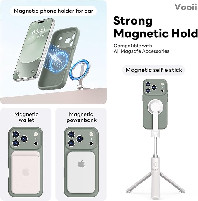 Vooii Magnetic Compatible with iPhone 17 Pro Case (Compatible with Magsafe) (Upgraded Camera Protection) Liquid Silicone Shockproof Full Body Protective Phone Cover for Women Men, Calke Green, 6.3”