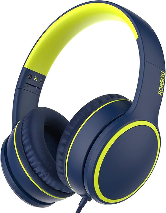 RORSOU R10 Over-Ear Headphones with Microphone, Lightweight Folding Stereo Bass Headset with 1.5M No-Tangle Cord, Portable Wired Headphones for Smartphone Tablet Computer MP3 / 4 (Blue)