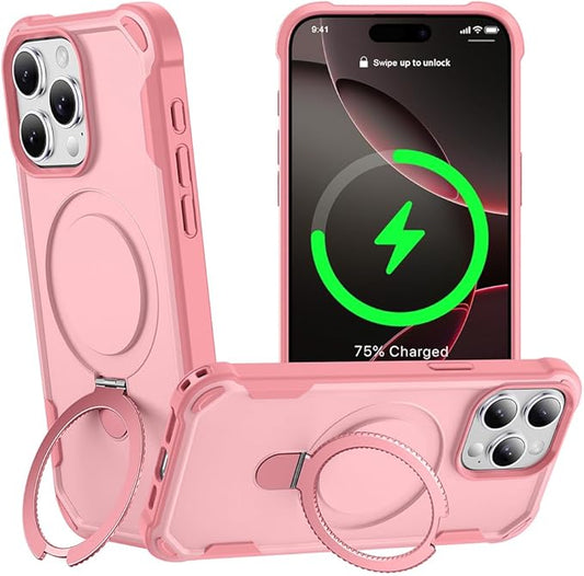 Designed for iPhone 16 Pro Max Case with Magnetic Stand [Military Drop Protection][Compatible with Magnet] Shockproof 16 Pro Max Phone Case with Ring Holder, Pink