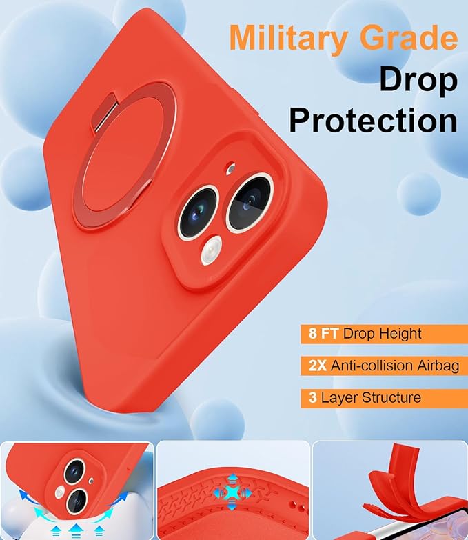 ZHK Liquid Silicone Designed for iPhone 15 Plus Case with Magnet Stand, [Precise Camera Lens Protection][Mil-Grade Drop Shockproof][Soft Anti-Scratch Microfiber Lining] Slim Fit Cover, Red