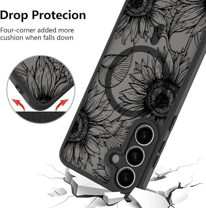 Fiyart Designed for Samsung Galaxy S25 Case Matte Flowers Design Compatible with MagSafe,Cute Sunflowers Anti-Scratch Translucent Phone Cover for Women Girls 6.1"-Black