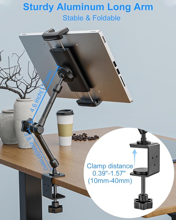 Metal Tablet Stand Holder for iPad, [Foldable Arm] Tablet Mount for Desk, Kitchen, Under Cabinet, Living, Cafe, Office, Compatible iPad mini, Air, Pro, Galaxy Tab/Z Fold, 4.7-16'' Device