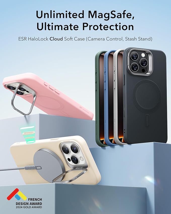 ESR for iPhone 16 Pro Max Case, Silicone Case with Stand, Compatible with MagSafe, Built-in Camera Stash Stand, Magnetic Phone Case for iPhone 16 Pro Max, Cloud Series, Light Blue