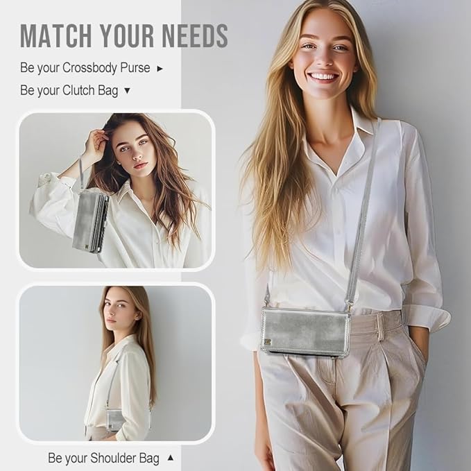 for iPhone 17 Wallet Phone Case with 7 Card Holder,RFID Blocking | PU Leather | Kickstand | Flip | Wrist Strap&Shoulder Strap | Shockproof | Zipper Wallet | Women Men | 6.3" | Silvery