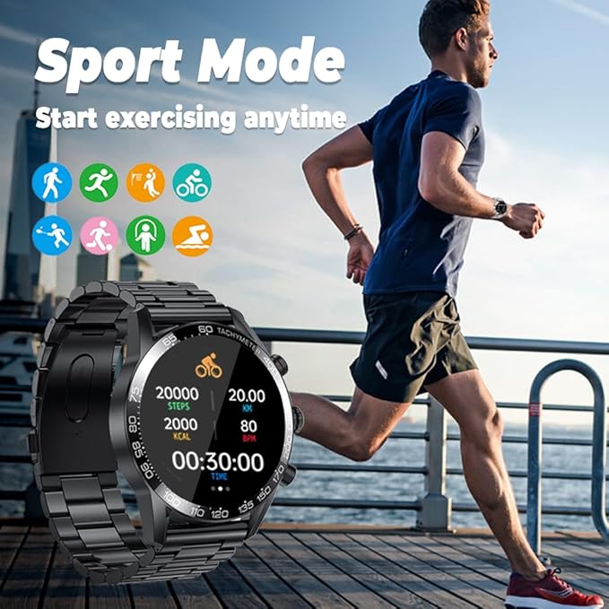 FILIEKEU Men Smart Watch for Android iOS, Bluetooth Calls Voice Chat with Heart Rate/Sleep Monitor Fitness Tracker, IP67 Waterproof Stainless Steel Activity Tracker for Men