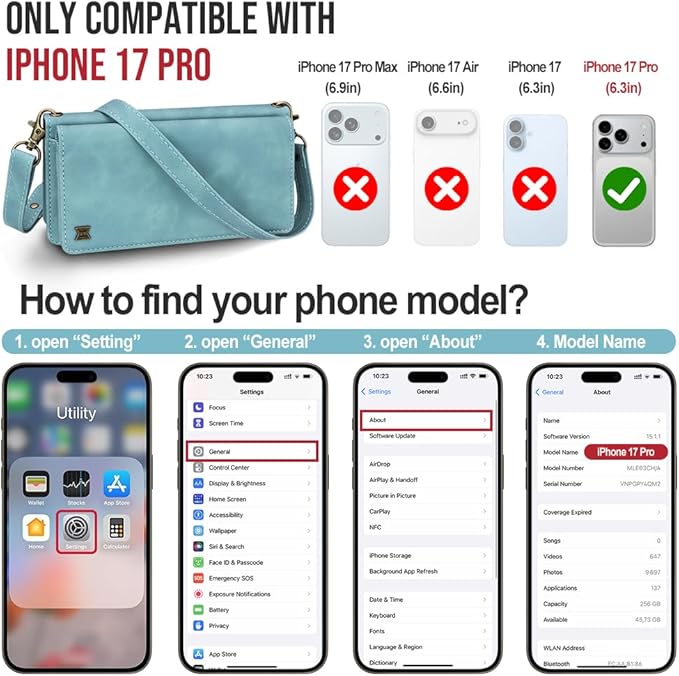 for iPhone 17 Pro Wallet Phone Case with 7 Card Holder,RFID Blocking | PU Leather | Kickstand | Flip | Wrist Strap&Shoulder Strap | Shockproof | Zipper Wallet | Women Men | 6.3" | Baby Blue