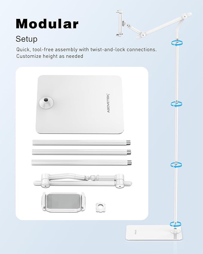 AboveTEK Tablet Floor Stand,Stylish Adjustable Height iPad Floor Stand with Stable Base,Aluminum 360° Rotation Holder for Sofa Bed,Fits 4.7-13.5"iPad Pro 12.9/Air/Mini,Galaxy Tab,iPhone, Kindle(White)