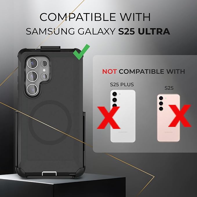 MOTIVE Designed for Samsung Galaxy s25 Ultra Case with Belt Clip, Magnetic Case Magsafe Compatible, Heavy Duty and Quad Layer Military Grade Protection for s25 Ultra Holster, 6.9" | Black