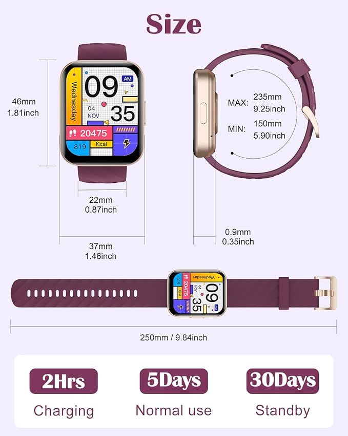 RUIMEN Smart Watches for Women Men (Answer/Make Calls) Compatible with iPhone/Android Phones, 1.85" HD Screen Fitness Tracker Heart Rate Monitor 100+ Sports Tracker Watch Waterproof (Purple)