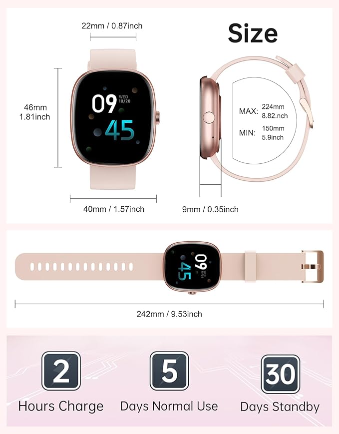 HUAKUA Smart Watches for Women Men (Answer/Make Calls), 1,85" HD Smart Watch for iPhone/Android Phones, Fitness Tracker with 100+ Sport Heart Rate/Sleep Monitor Pedometer IP68 Waterproof (Pink)