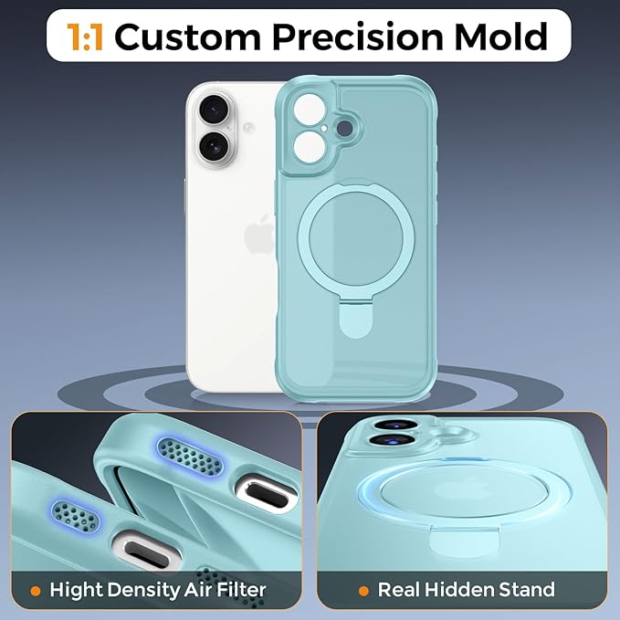 MOCCA Compatible with iPhone 17 Case with Magnetic Invisible Stand [Full Camera Protection] [Compatible with Magsafe] Military Drop Shockproof Translucent Matte Phone Case Cover 6.3",Blue