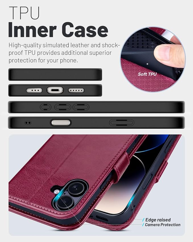 OCASE Compatible with iPhone 16 Wallet Case, PU Leather Flip Folio Case with Card Holders RFID Blocking Kickstand [Shockproof TPU Inner Shell] Phone Cover 6.1 Inch 2024, Burgundy