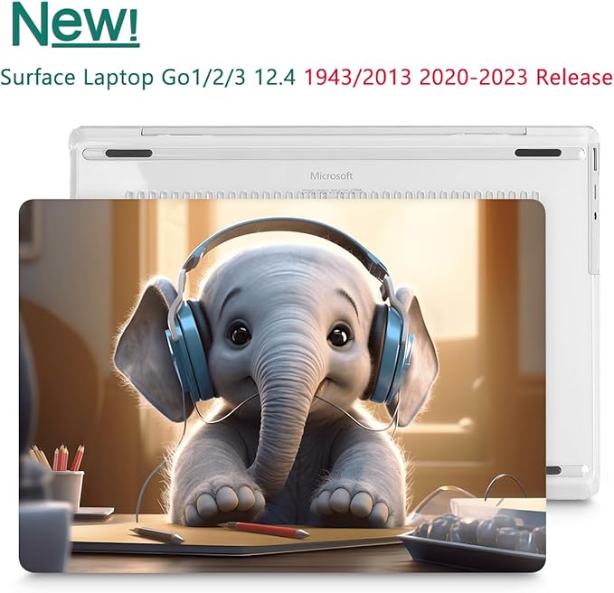 Tuiklol Case for 12.4 Inch Microsoft Surface Laptop Go 3/2 / 1 2023-2020 Releases, Plastic Hard Shell Case with Screen Protector and Keyborad Cover +Dust Plugs Model 2013/1943, Elephant