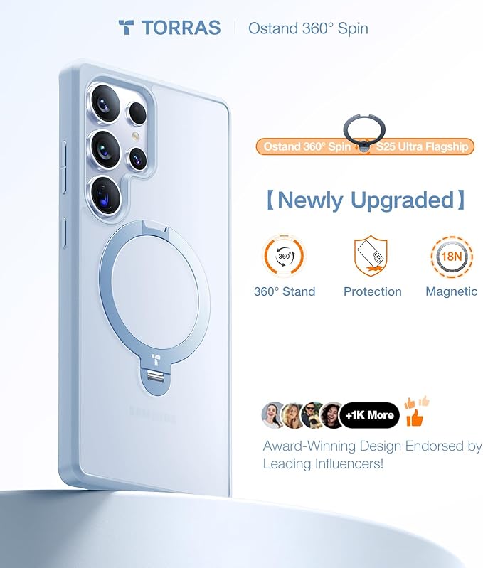 TORRAS 360° Spin Magnetic Stand for Samsung Galaxy S25 Ultra Case, Fit for Magsafe, Shockproof Slim Protective S25 Ultra Case with Kickstand for Women Men, Ostand Spin, Translucent Frosted Silverblue