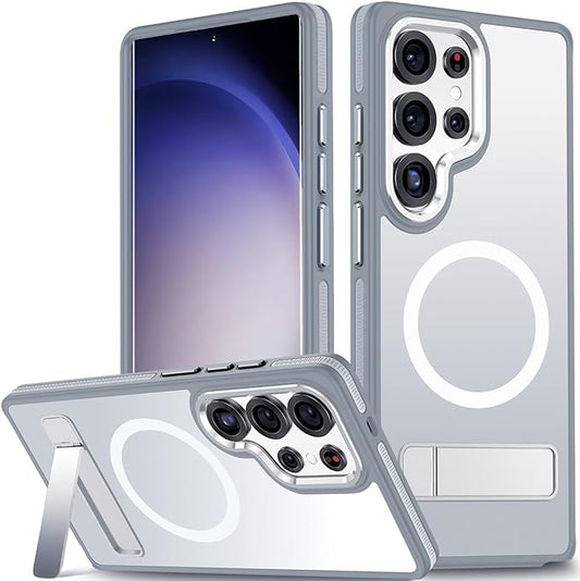 for Samsung Galaxy S25 Ultra Case, Shockproof S25 Ultra Phone Case with Kickstand, Anti-Skid Protective Case Fits for Magsafe, Translucent Hard Back Cover for Galaxy S25 Ultra (Grey/White)