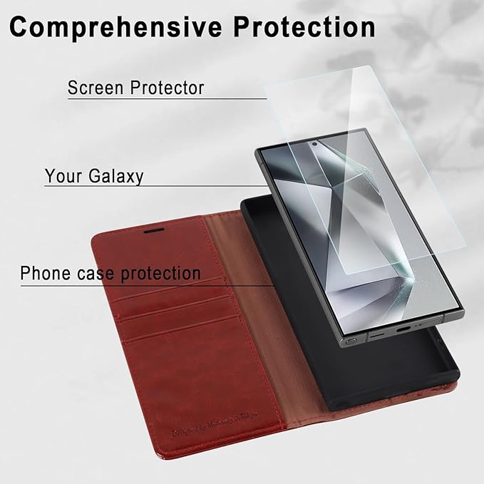 MONASAY Wallet Case Fit for Samsung Galaxy S24 Ultra 5G，[Lens & Glass Screen Protector] [RFID Blocking] Flip Folio Leather Cell Phone Cover with Credit Card Holder, 6.8 inch, Burgundy