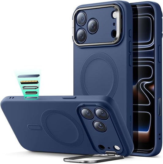 ESR Silicone Case for iPhone 17 Pro, Built-in Camera Stash Stand Compatible with MagSafe, Military-Grade Drop Protection Magnetic Phone Case for iPhone 17 Pro, Cloud Series, Navy Blue