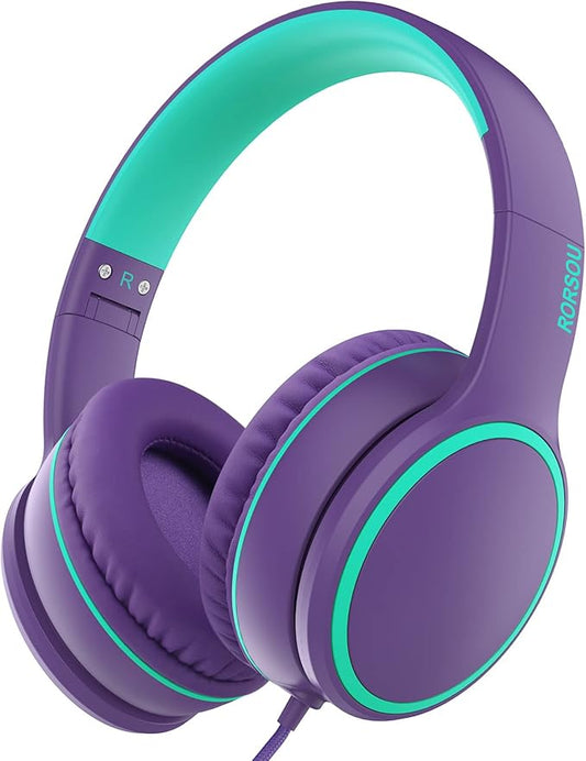 RORSOU R10 Over-Ear Headphones with Microphone, Lightweight Folding Stereo Bass Headset with 1.5M No-Tangle Cord, Portable Wired Headphones for Smartphone Tablet Computer MP3 / 4 (Purple)