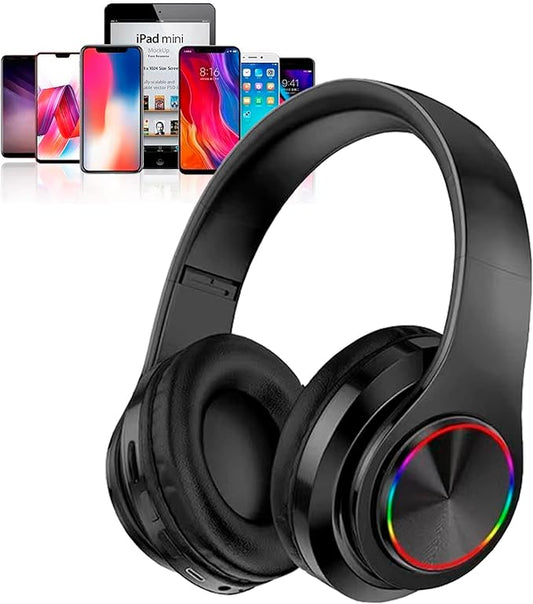 Kids Bluetooth Over Ear Headphones, Colorful LED Lights Headphones with Built-in Mic, Bluetooth 5.0, Wired and Wireless Foldable Stereo Headphones for Classroom/Home Office/Tablet/Airplane(Black)