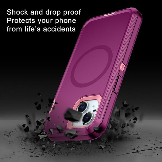 for iPhone 14 Plus Case,iPhone 15 Plus Case [Compatible with MagSafe] Shockproof 3-Layer Full Body Protection Rugged Heavy Duty Cover for Apple iPhone 14/15 Plus 6.7",Purple/Pink