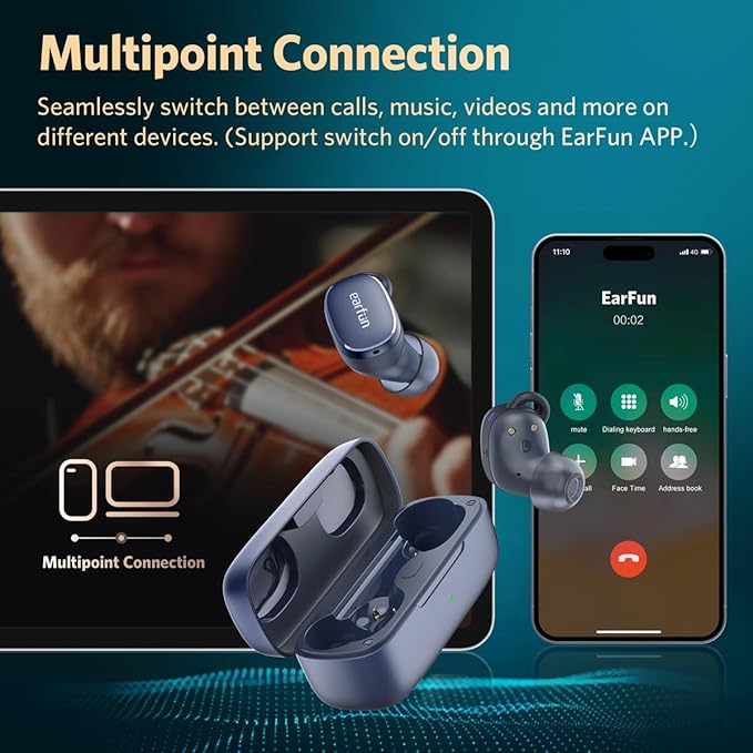EarFun Free Pro 3 Noise Cancelling Wireless Earbuds, Hi-Res Sound, Snapdragon Sound with Qualcomm aptX™ Adaptive, 6 Mics ENC, Bluetooth 5.3 Earbuds, Multipoint Connection, Custom EQ App, Navy Blue