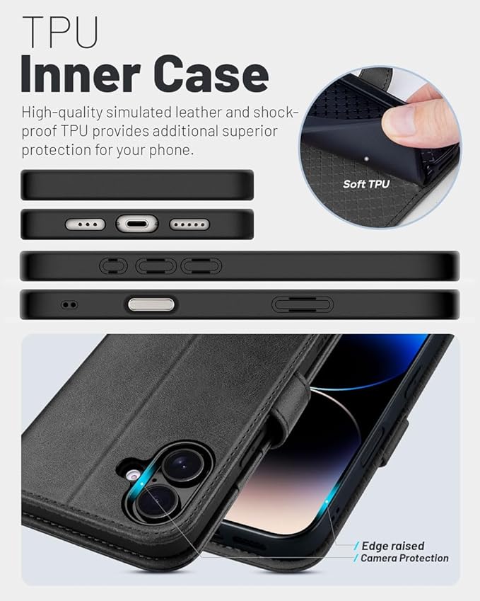 OCASE Compatible with iPhone 16 Wallet Case, PU Leather Flip Folio Case with Card Holders RFID Blocking Kickstand [Shockproof TPU Inner Shell] Phone Cover 6.1 Inch 2024, Graphite