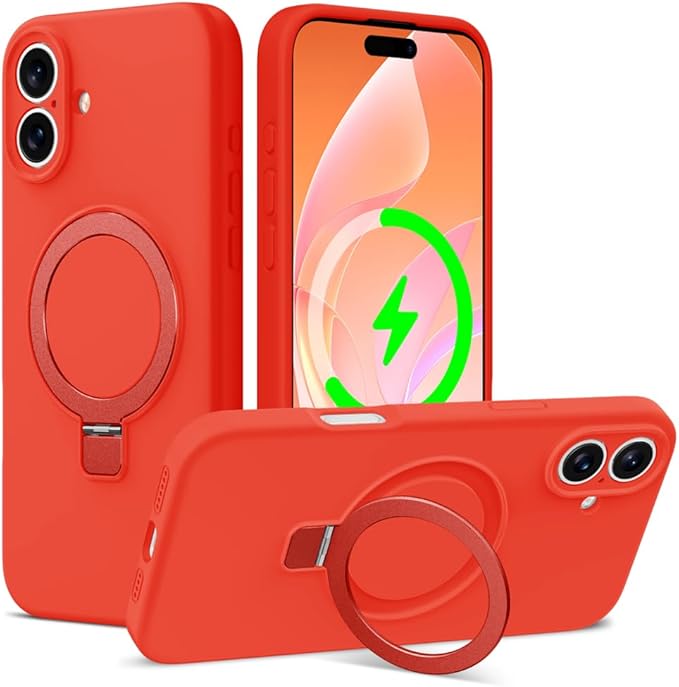 ZHK Liquid Silicone Designed for iPhone 16 Case with Magnet Stand, [Precise Camera Lens Protection][Mil-Grade Drop Shockproof][Soft Anti-Scratch Microfiber Lining] Slim Fit Cover, Red