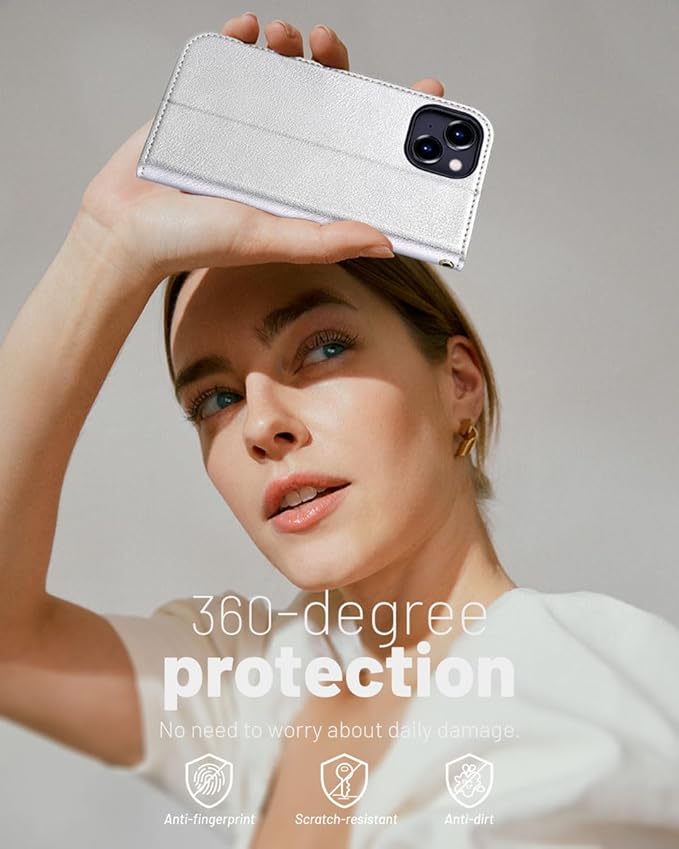 OCASE Compatible with iPhone 15 Wallet Case, PU Leather Flip Folio Case with Card Holders RFID Blocking Kickstand [Shockproof TPU Inner Shell] Phone Cover 6.1 Inch 2023,Silvery